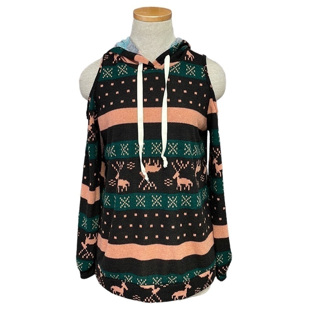Miss U Sweater Christmas Womens Small Black Green NWT Winter Cold Shoulder Knit